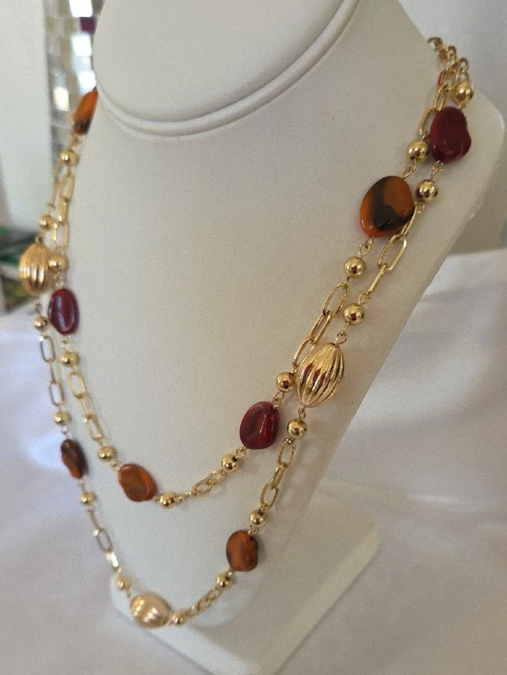 Gold-Tone Multi Strand Necklace with Burgundy & Amber Resin Beads